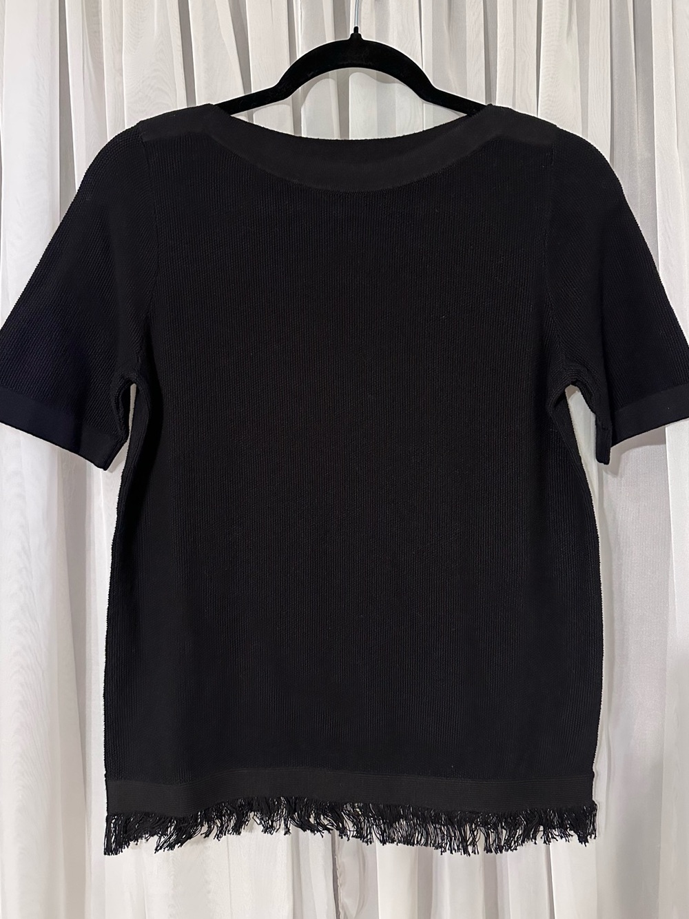 Ann Taylor Classic Black Short-Sleeve Knit Top with Fringed Hem Size XS